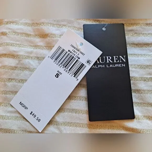 NWT LAUREN Ralph Lauren Metallic Gold Cream Stripe Top Size Small - Picture 4 of 6